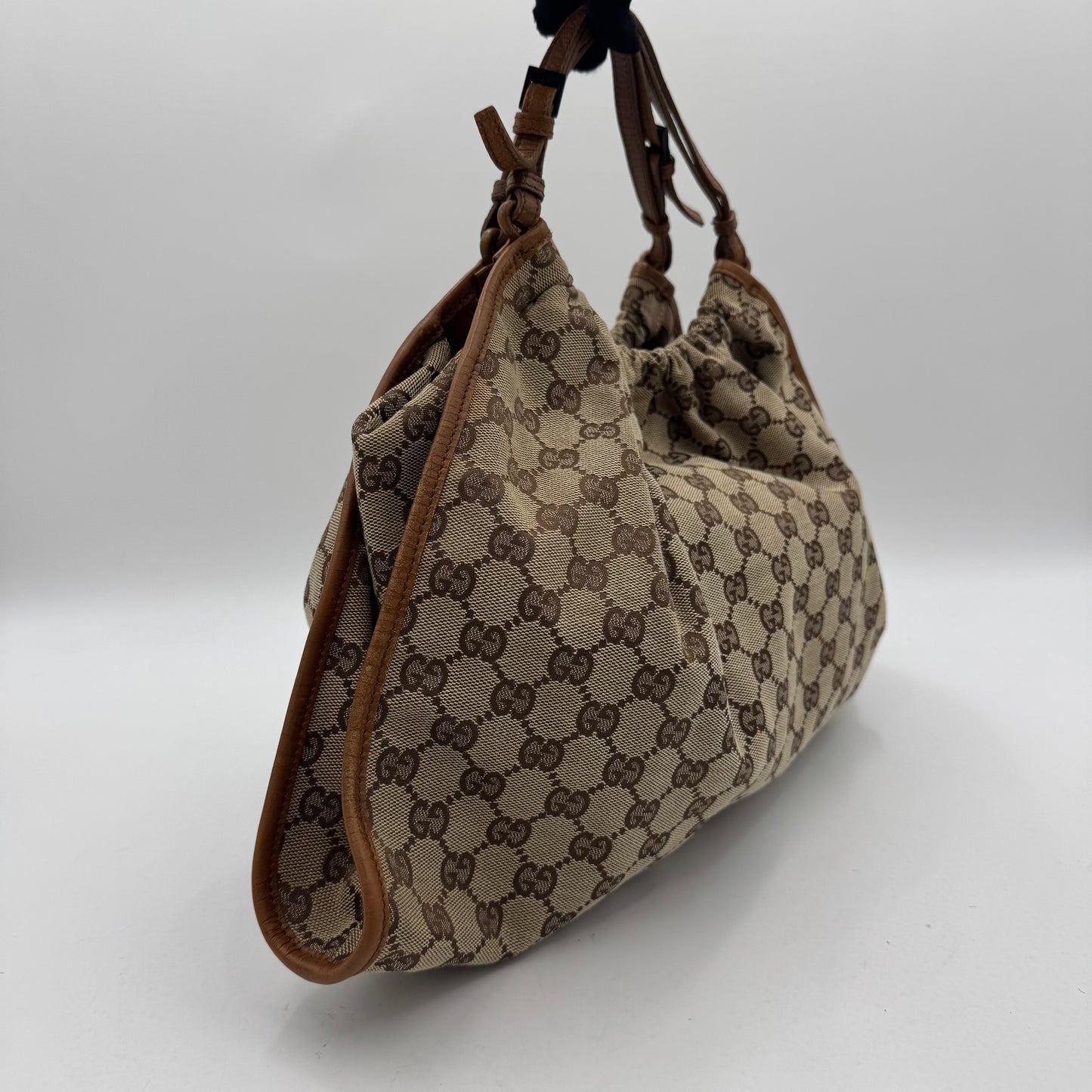 Gucci Brown Monogram Canvas and Leather Ruched Handbag