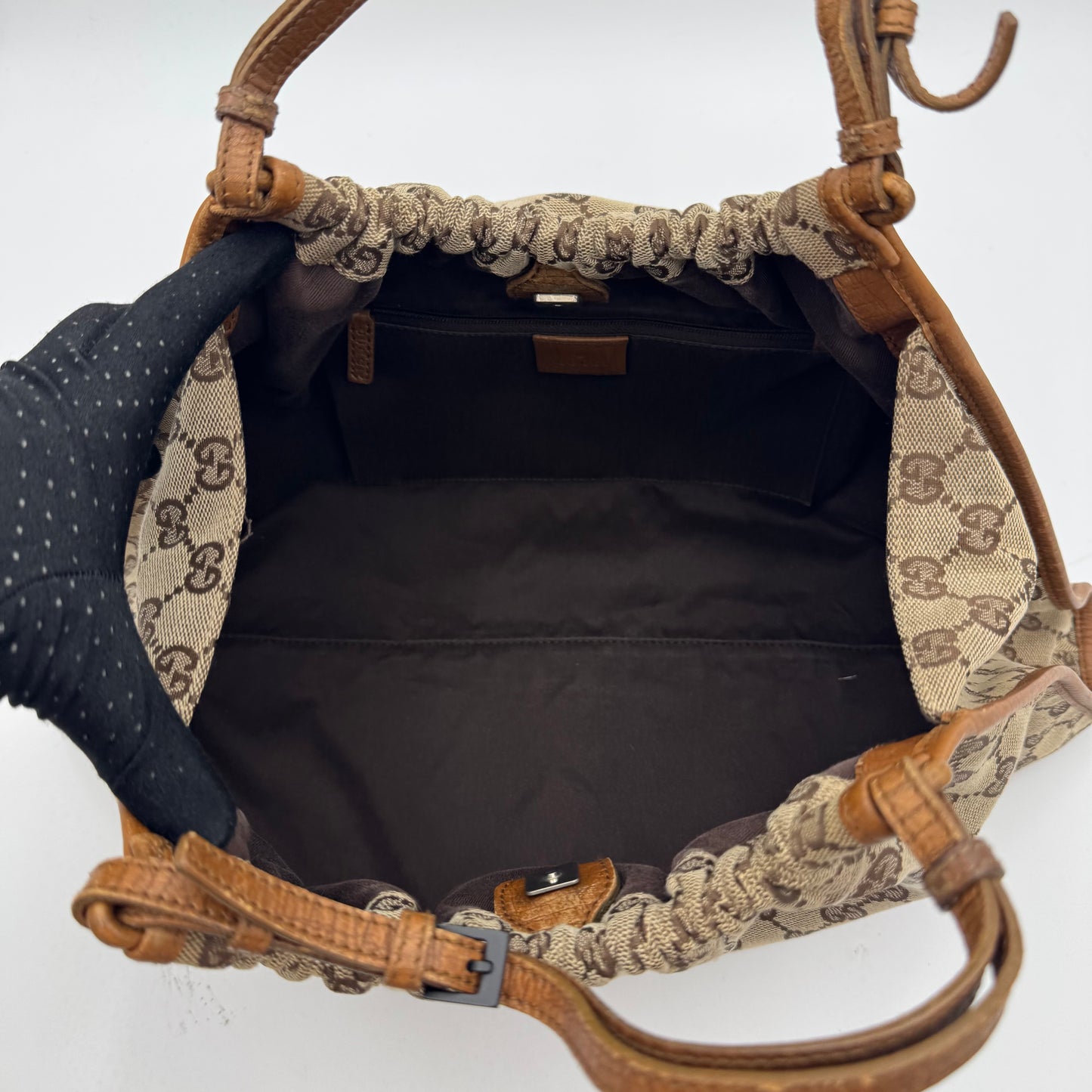 Gucci Brown Monogram Canvas and Leather Ruched Handbag