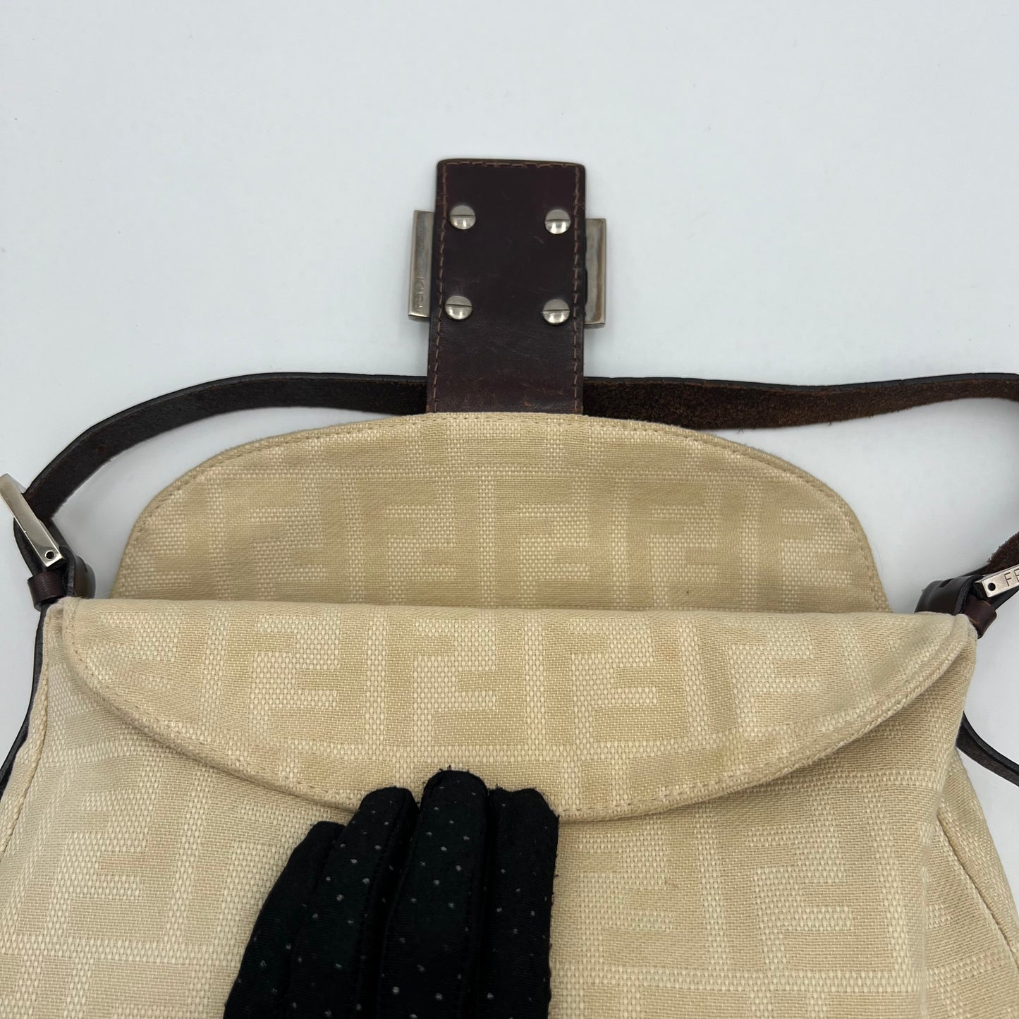 Fendi Ivory Zucca Double Flap Baguette