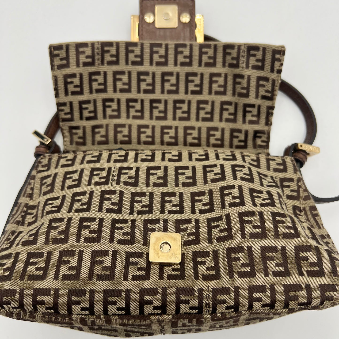 Fendi Brown Zucchino Canvas and Leather Mini Mamma Baguette