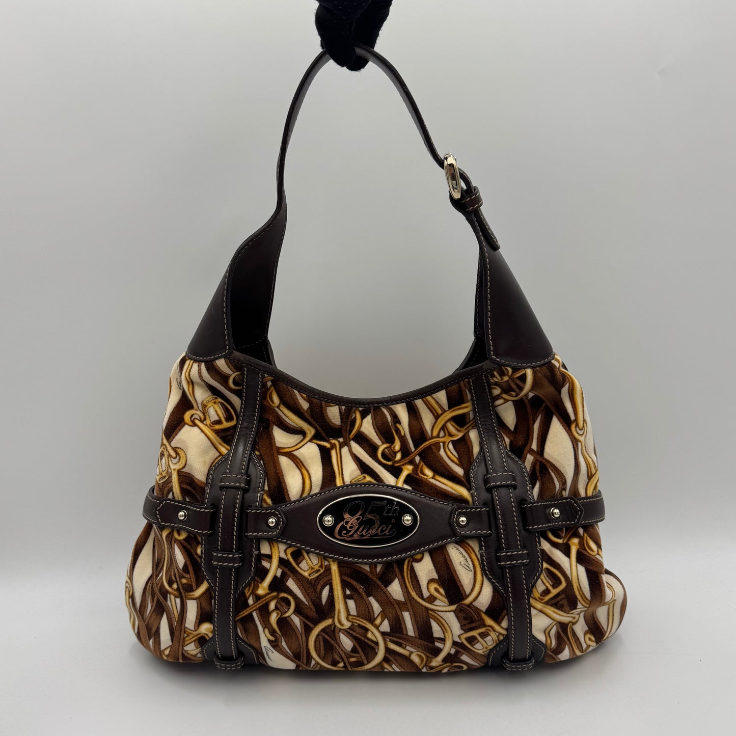 Gucci 85th Anniversary Beige Brown Velvet Horsebit Hobo Bag