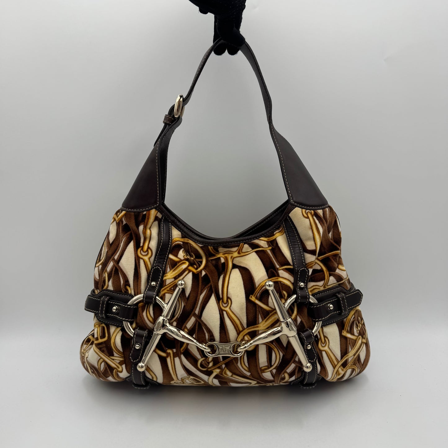 Gucci 85th Anniversary Beige Brown Velvet Horsebit Hobo Bag