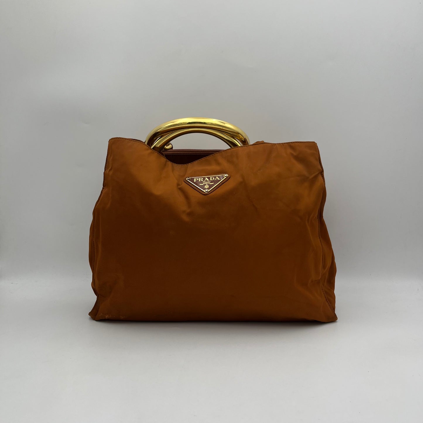 Prada Rust Orange Brown Nylon Gold Handle Handbag