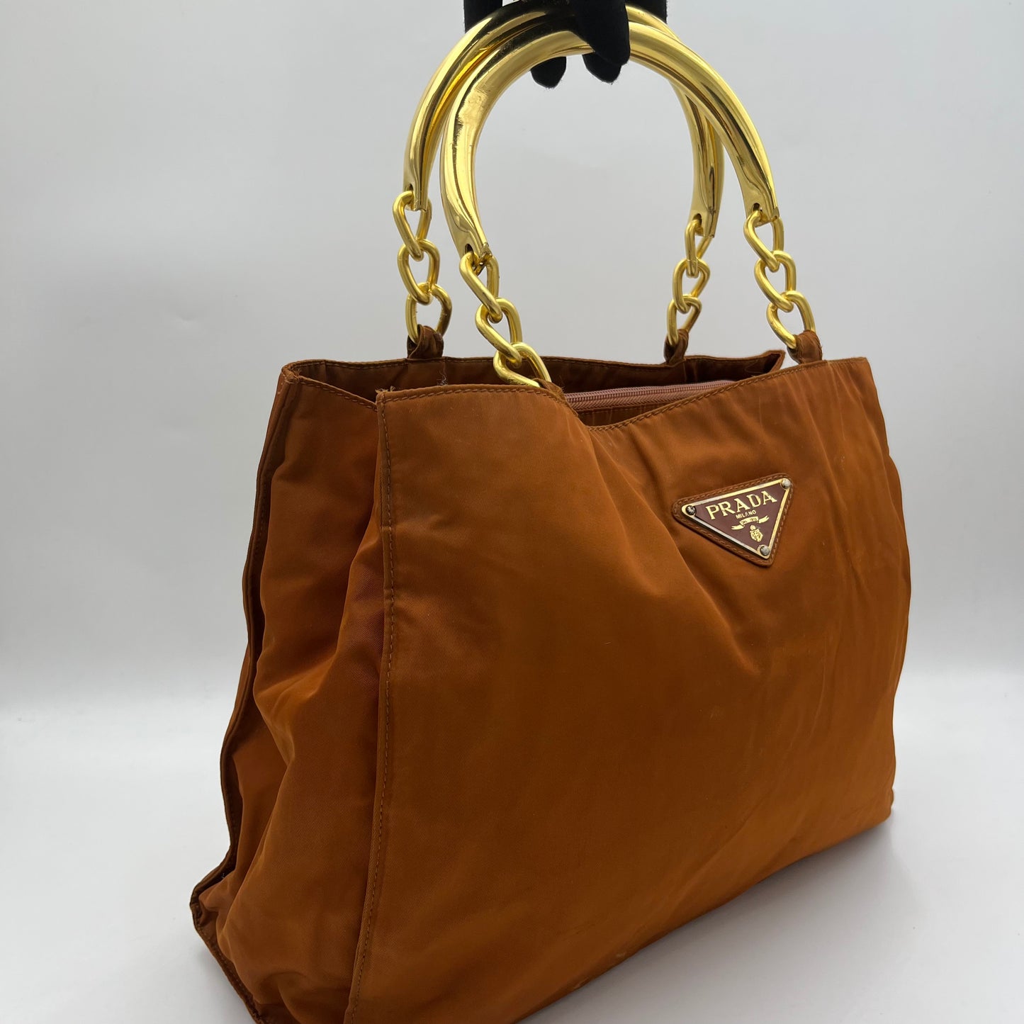 Prada Rust Orange Brown Nylon Gold Handle Handbag