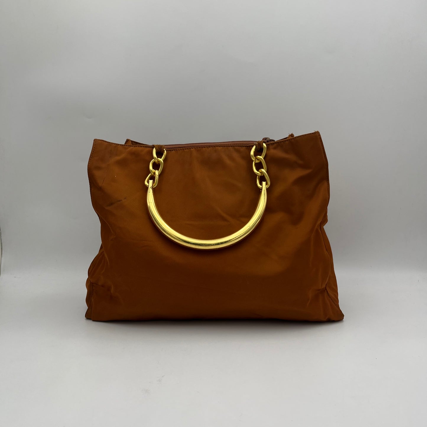 Prada Rust Orange Brown Nylon Gold Handle Handbag