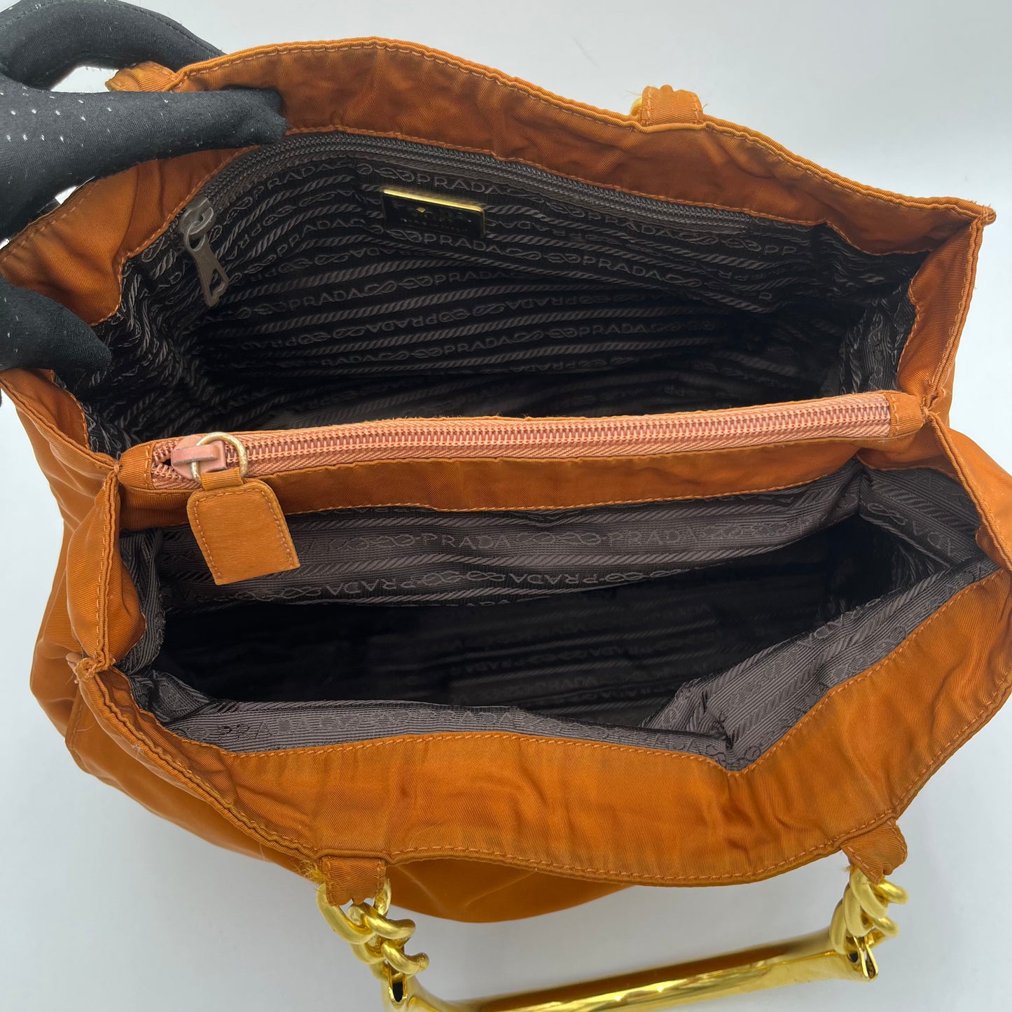 Prada Rust Orange Brown Nylon Gold Handle Handbag