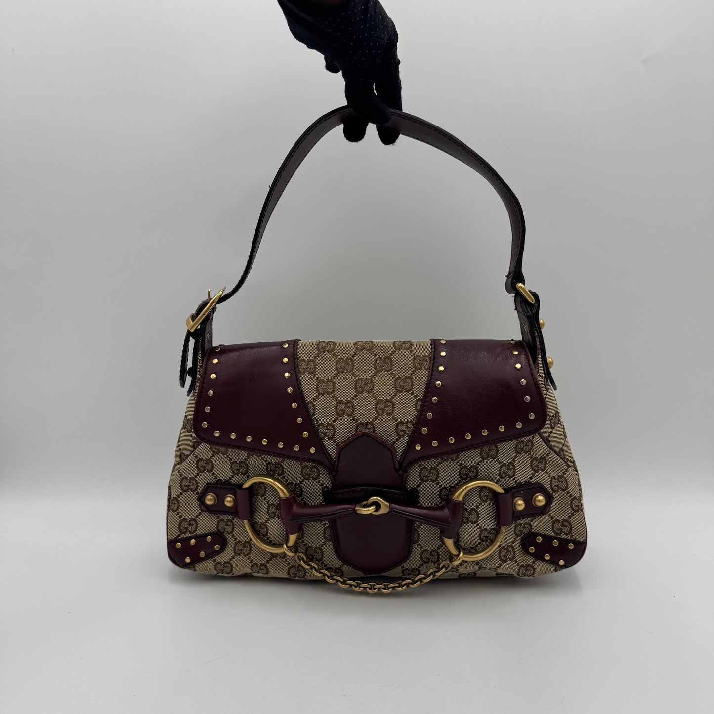 Gucci Tom Ford Monogram Canvas Burgundy Leather Horsebit Chain Flap Shoulder Bag