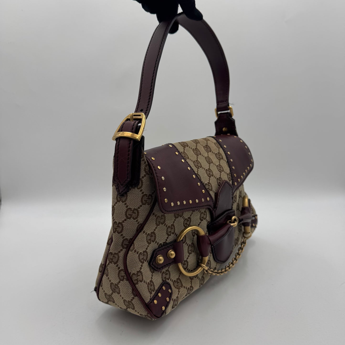 Gucci Tom Ford Monogram Canvas Burgundy Leather Horsebit Chain Flap Shoulder Bag