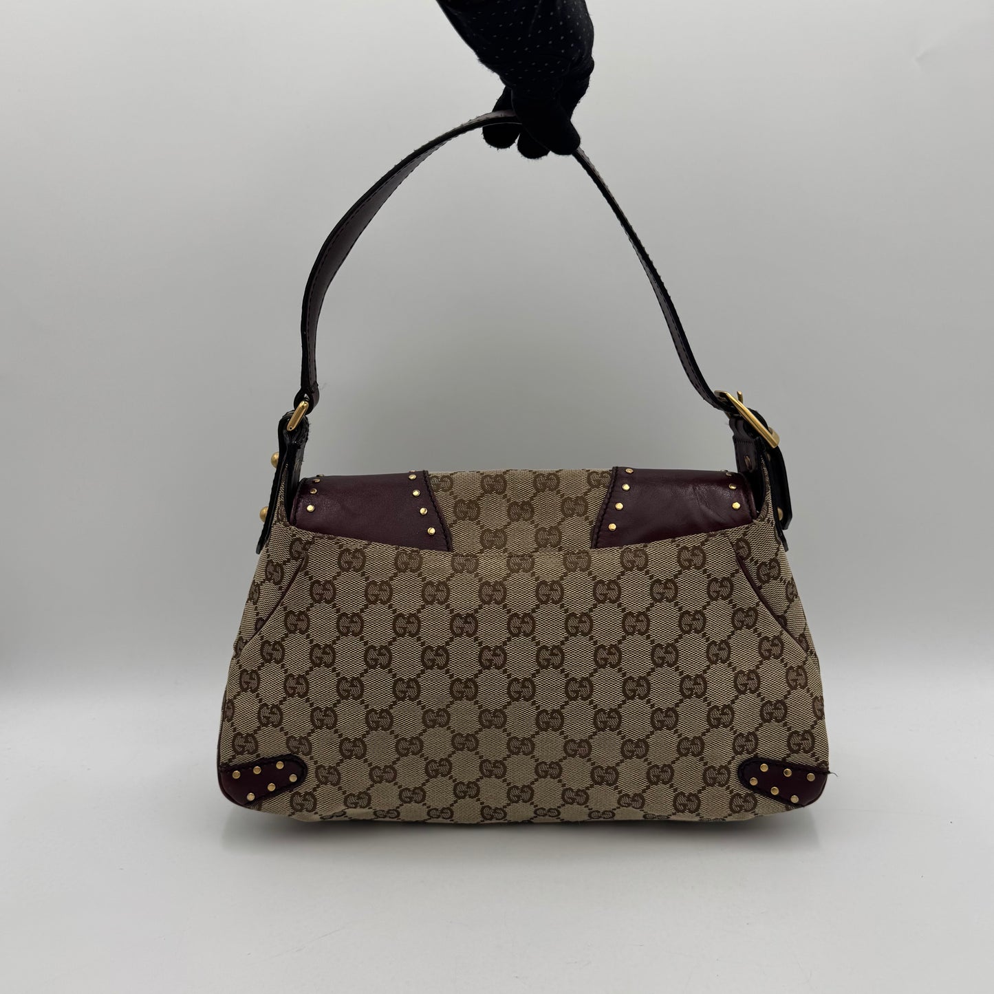 Gucci Tom Ford Monogram Canvas Burgundy Leather Horsebit Chain Flap Shoulder Bag