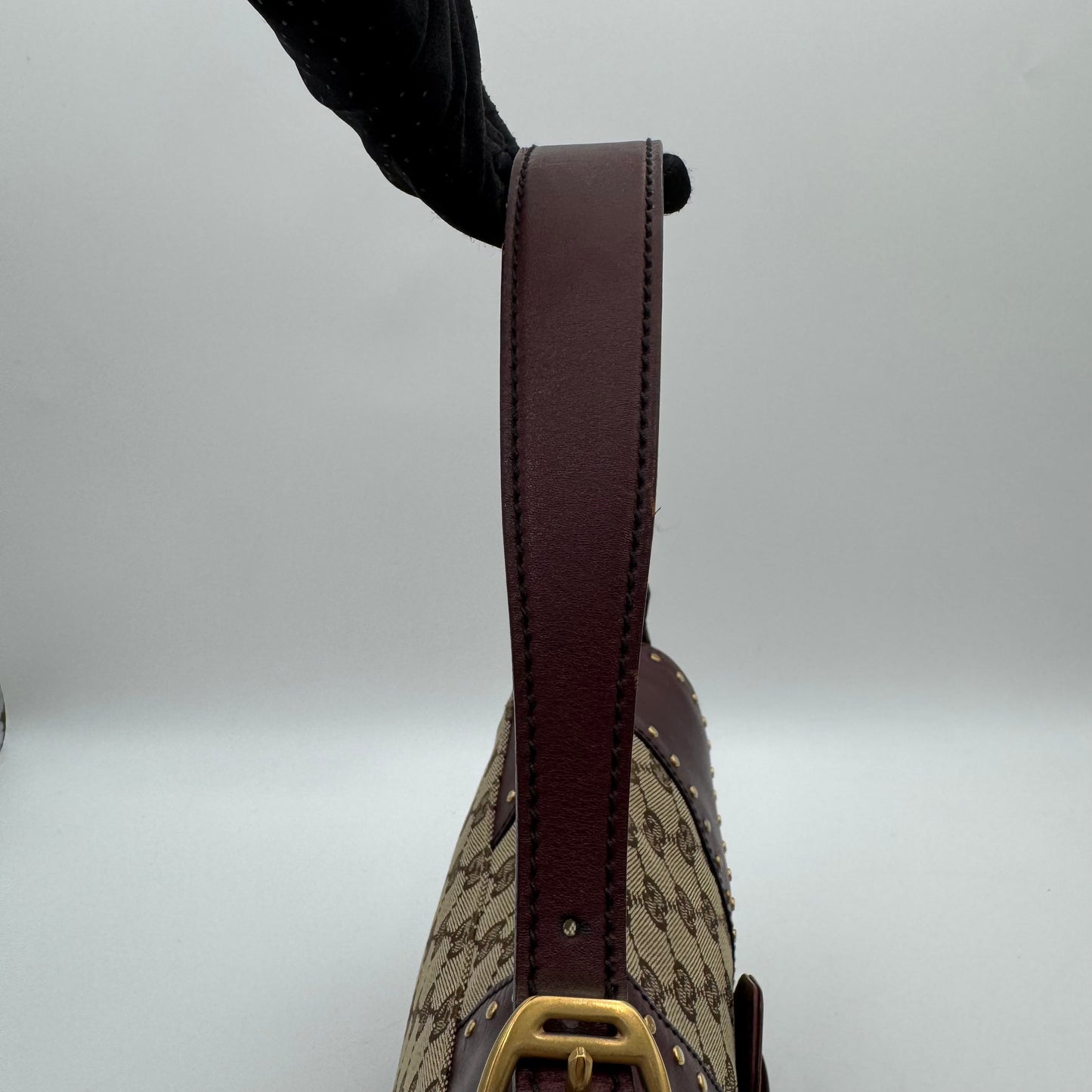 Gucci Tom Ford Monogram Canvas Burgundy Leather Horsebit Chain Flap Shoulder Bag