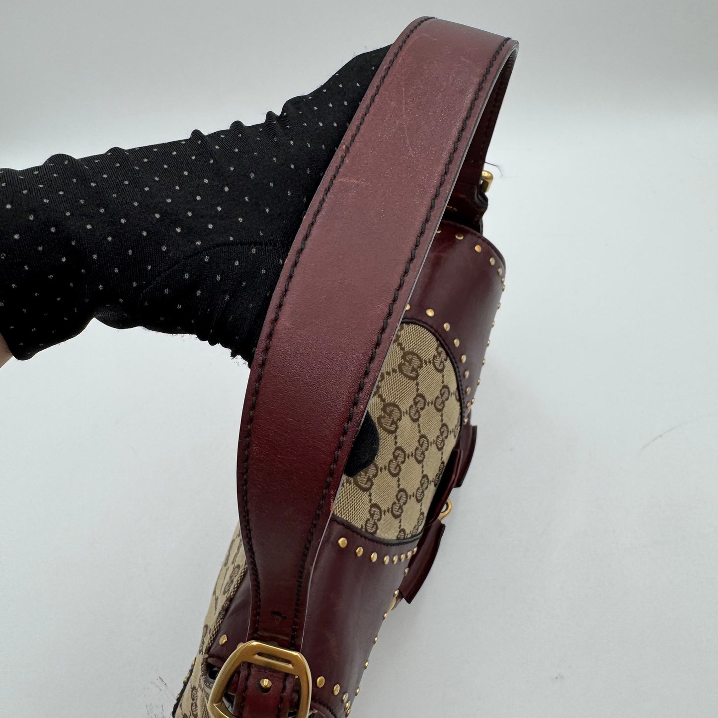 Gucci Tom Ford Monogram Canvas Burgundy Leather Horsebit Chain Flap Shoulder Bag