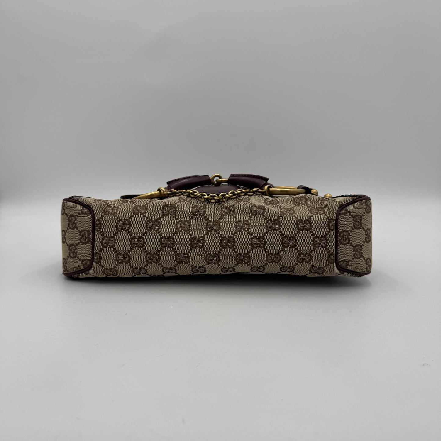 Gucci Tom Ford Monogram Canvas Burgundy Leather Horsebit Chain Flap Shoulder Bag