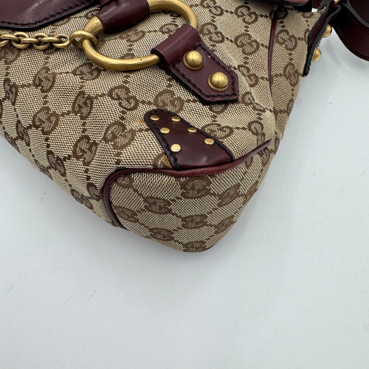 Gucci Tom Ford Monogram Canvas Burgundy Leather Horsebit Chain Flap Shoulder Bag