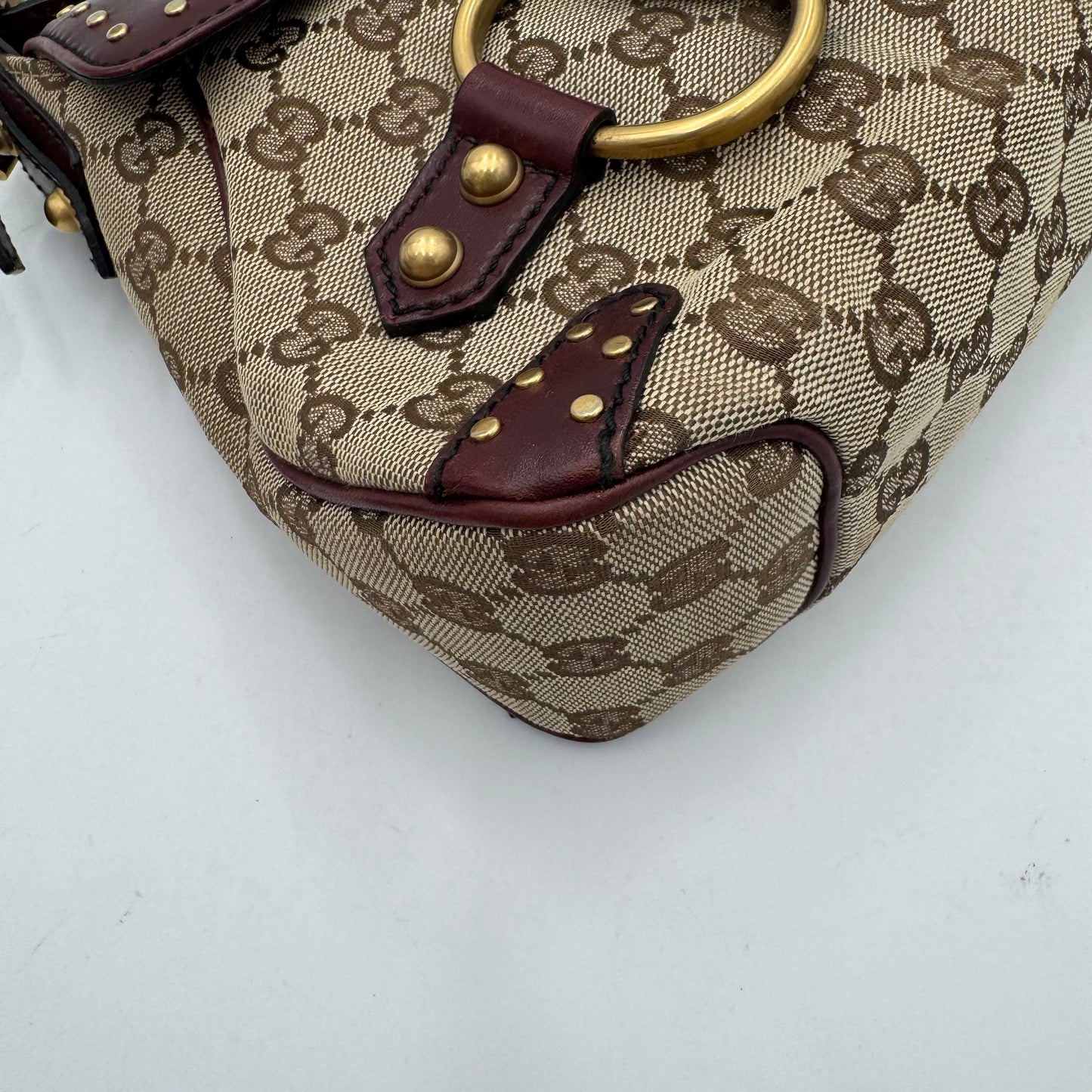 Gucci Tom Ford Monogram Canvas Burgundy Leather Horsebit Chain Flap Shoulder Bag