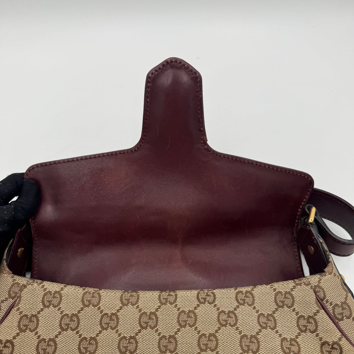 Gucci Tom Ford Monogram Canvas Burgundy Leather Horsebit Chain Flap Shoulder Bag