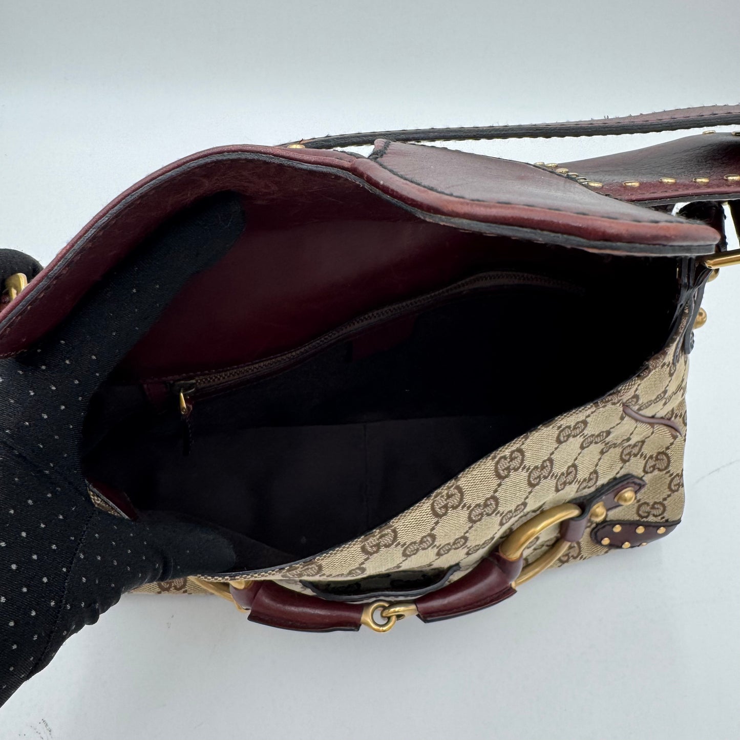 Gucci Tom Ford Monogram Canvas Burgundy Leather Horsebit Chain Flap Shoulder Bag