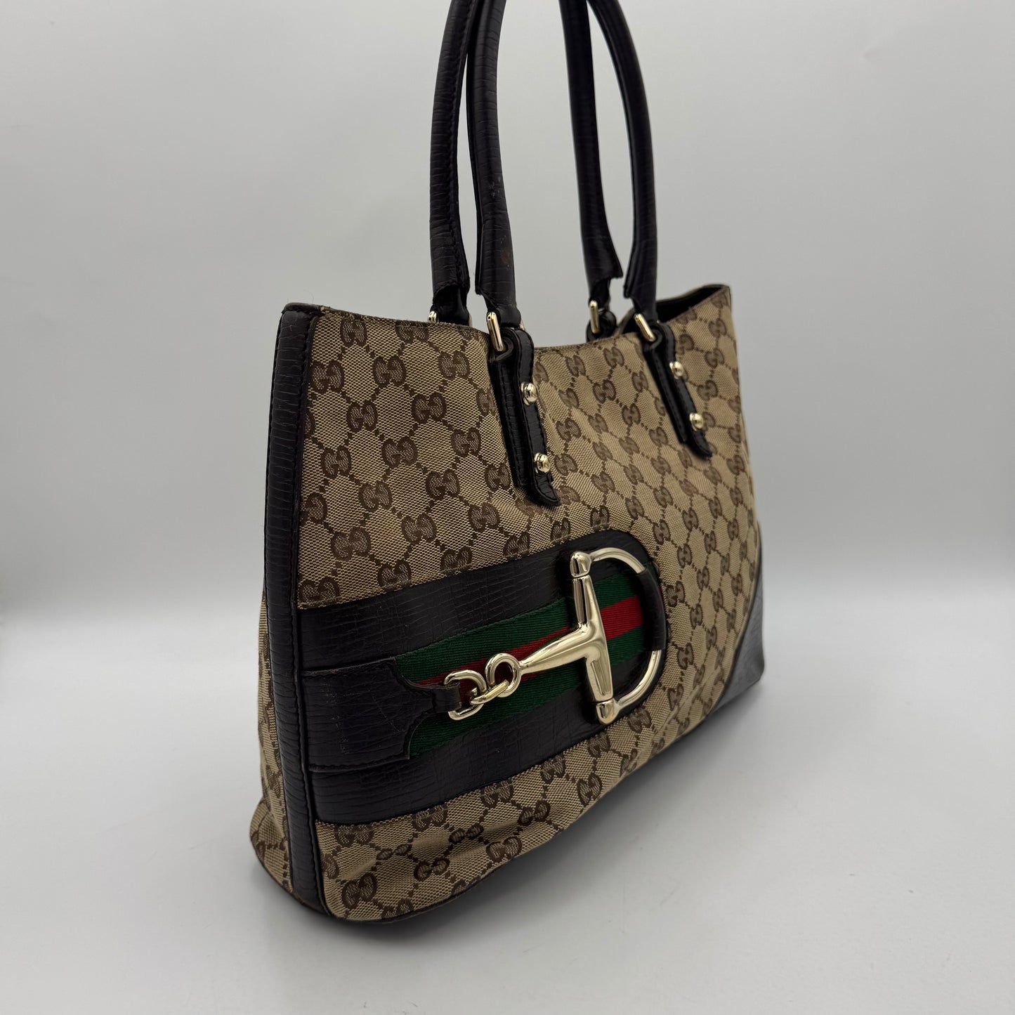 Gucci Brown Monogram Canvas and Leather Hasler Horsebit Tote