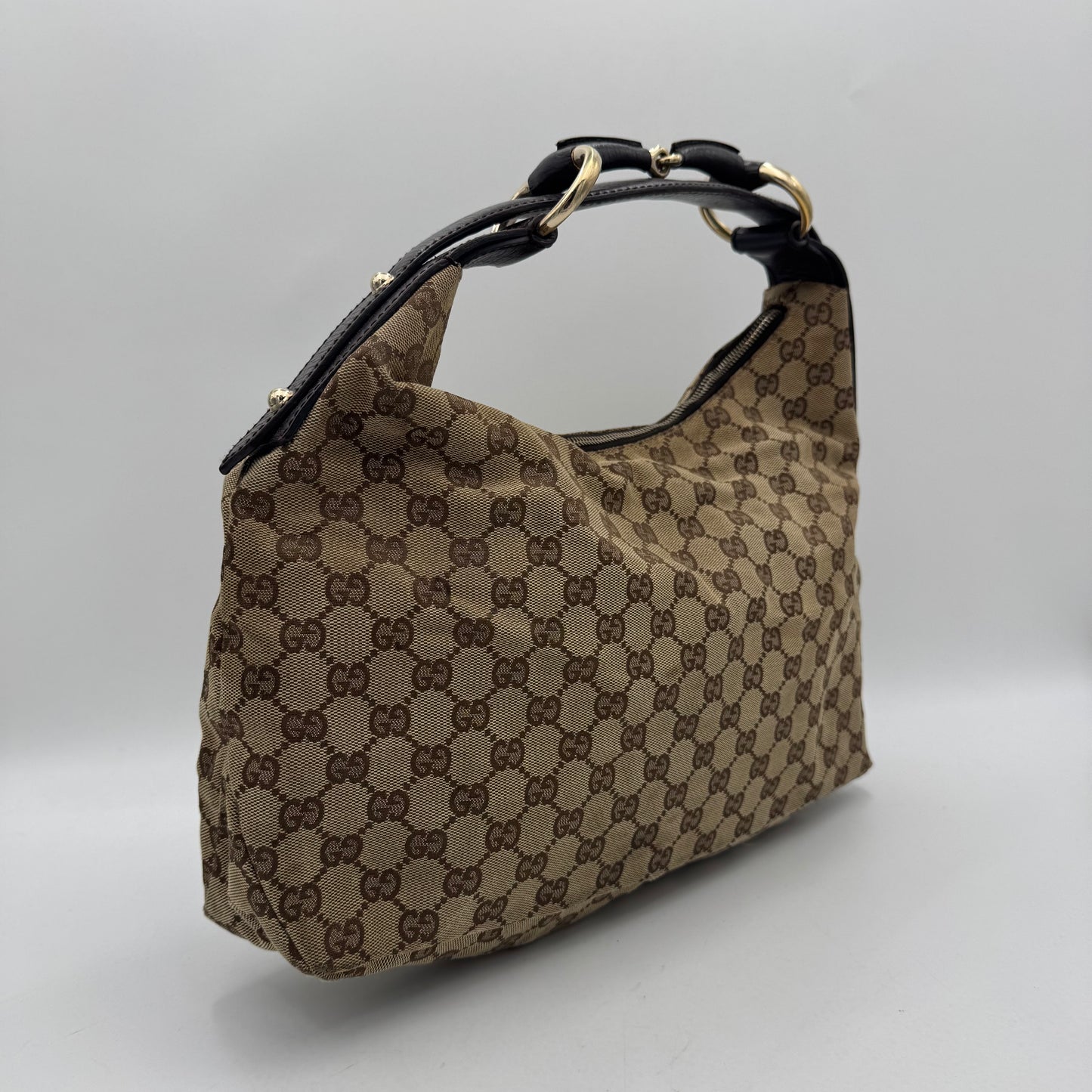 Gucci Monogram Canvas Horsebit Hobo Shoulder Bag