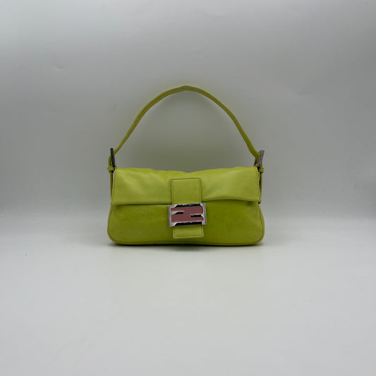 Fendi Lime Green Nappa Leather Pink Buckle Baguette