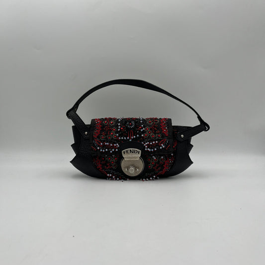 Fendi Black Zucchino Canvas and Leather Beaded Twist Lock Baguette