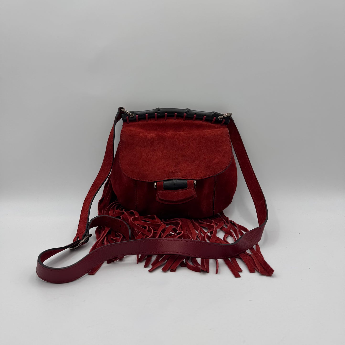 Gucci Red Suede Bamboo Nouveau Fringe Bag