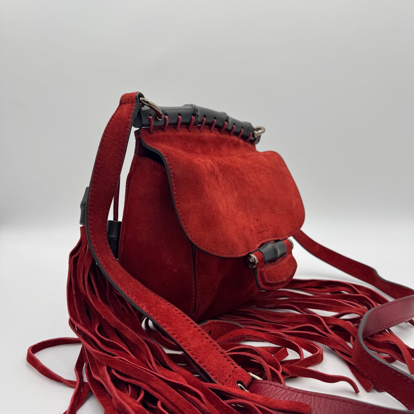 Gucci Red Suede Bamboo Nouveau Fringe Bag
