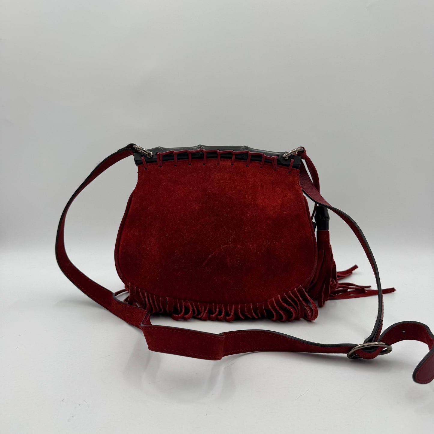 Gucci Red Suede Bamboo Nouveau Fringe Bag