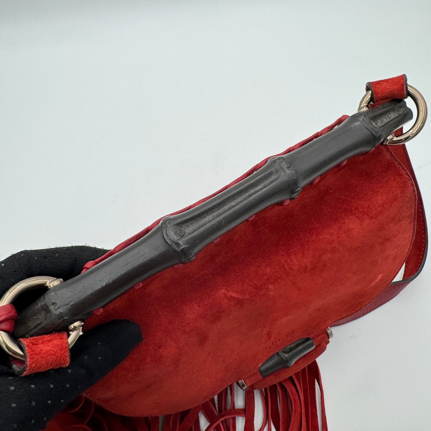Gucci Red Suede Bamboo Nouveau Fringe Bag