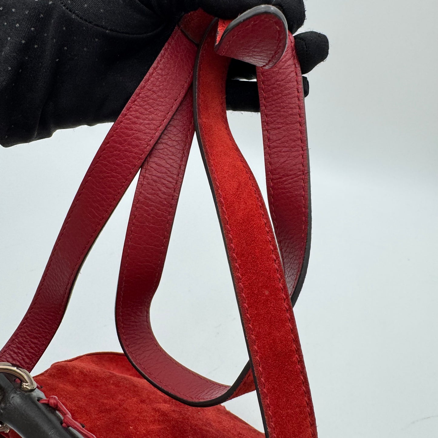 Gucci Red Suede Bamboo Nouveau Fringe Bag