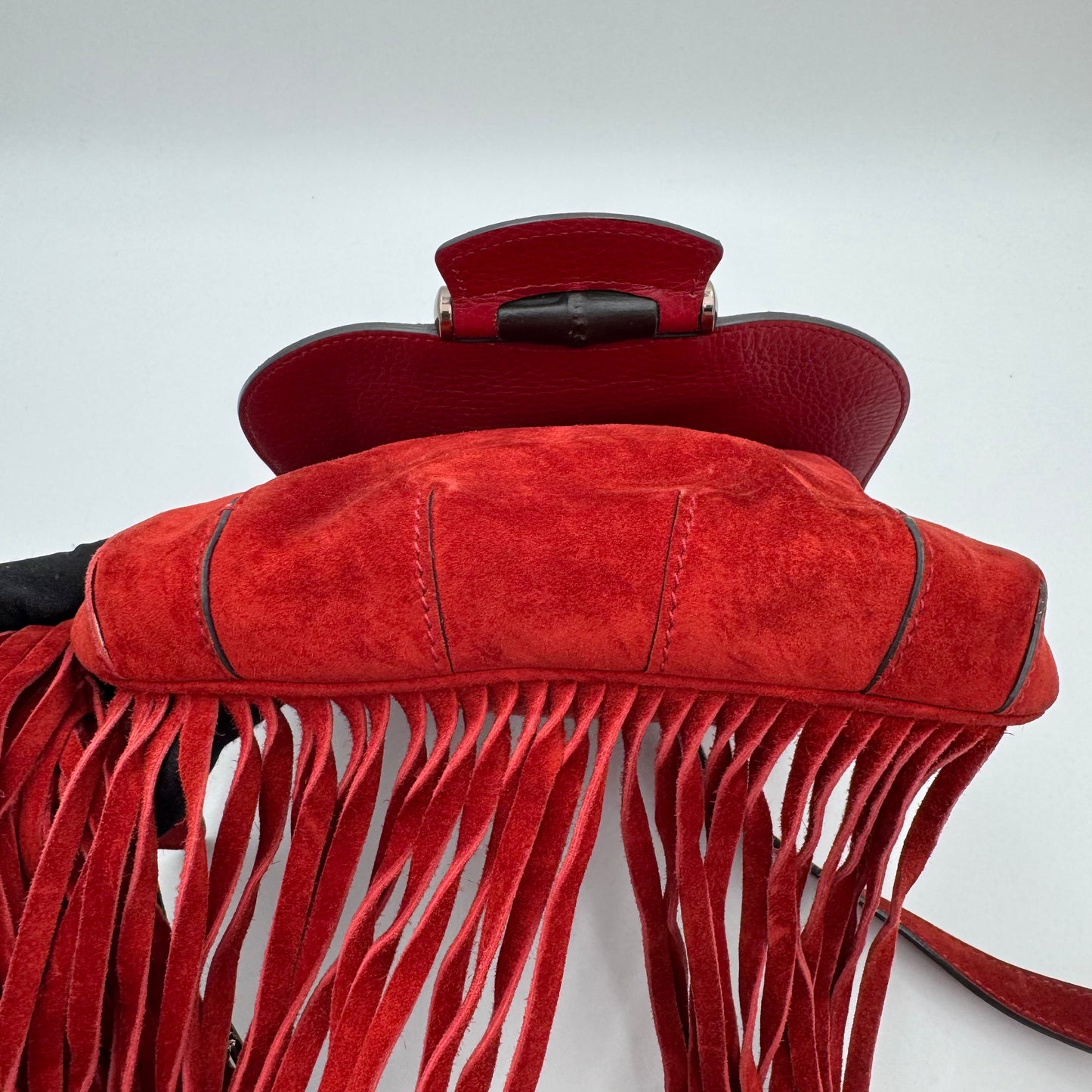 Gucci Red Suede Bamboo Nouveau Fringe Bag