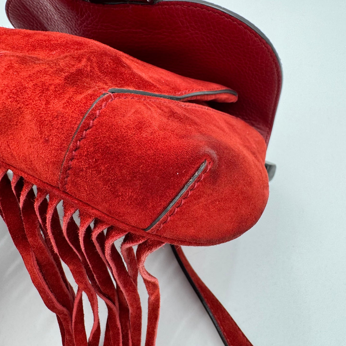 Gucci Red Suede Bamboo Nouveau Fringe Bag