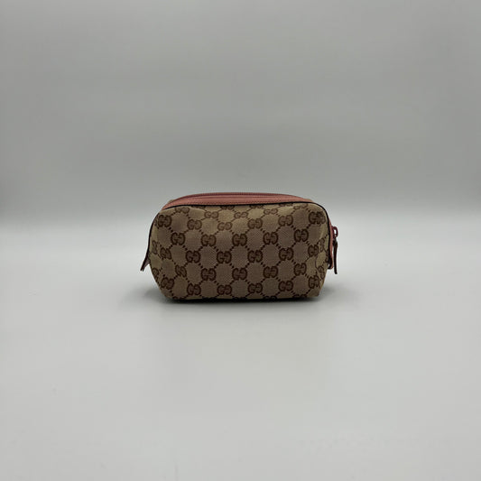 Gucci Brown Monogram Canvas Pink Leather Zip Pouch