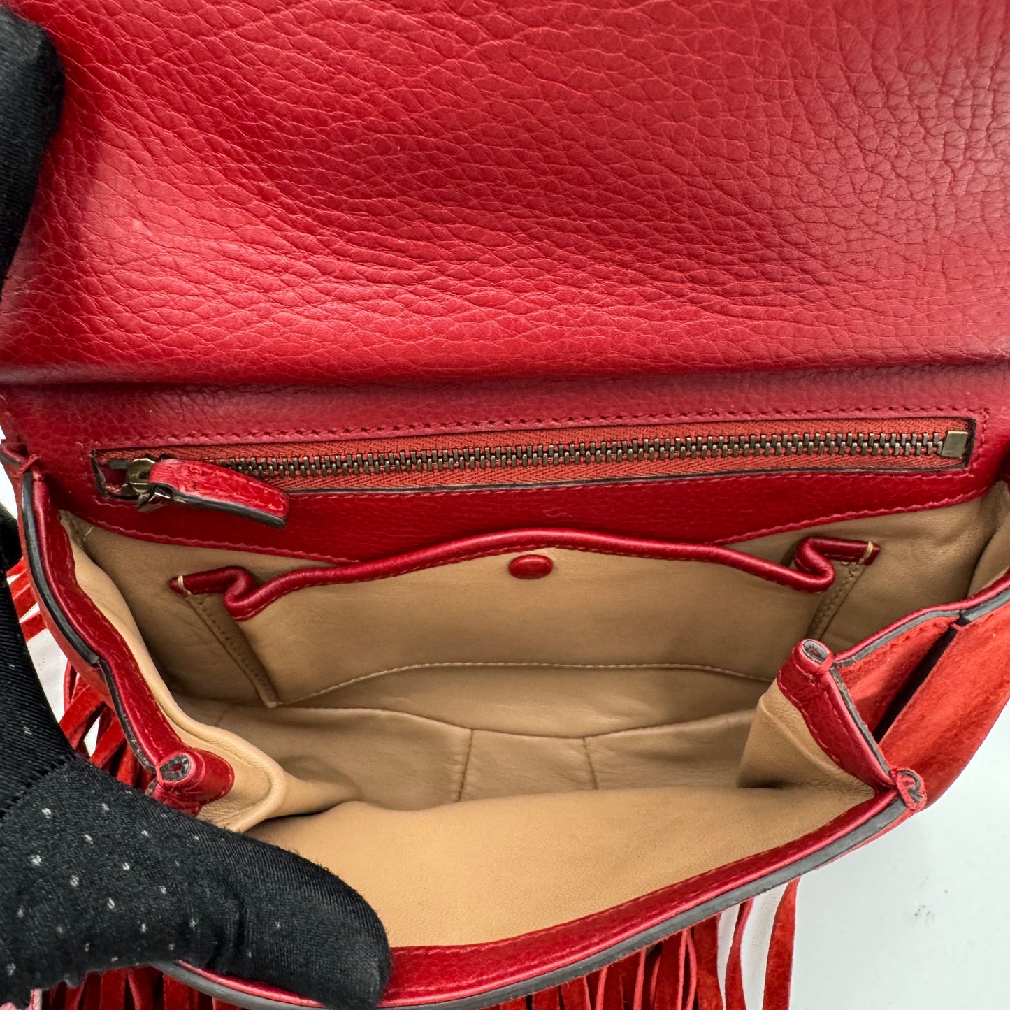 Gucci Red Suede Bamboo Nouveau Fringe Bag