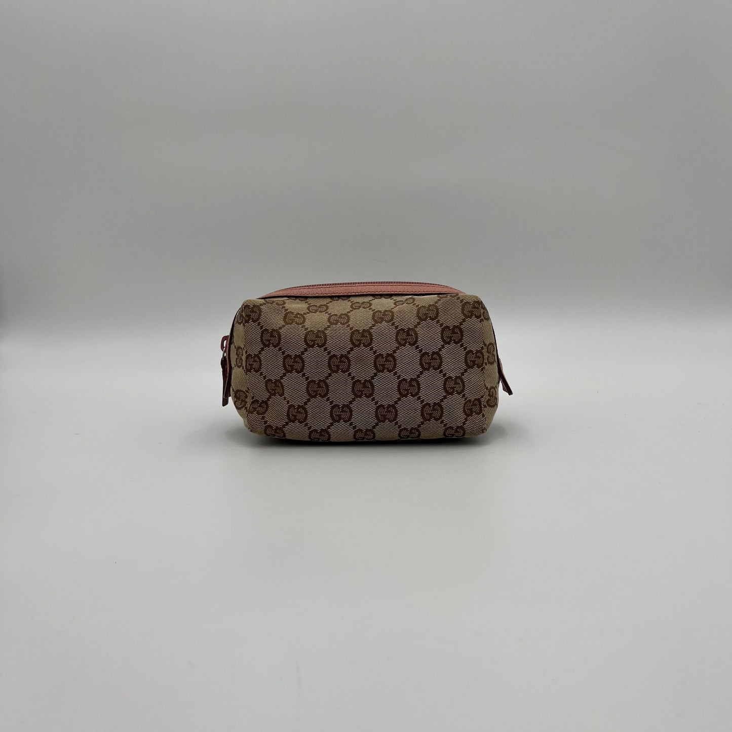 Gucci Brown Monogram Canvas Pink Leather Zip Pouch