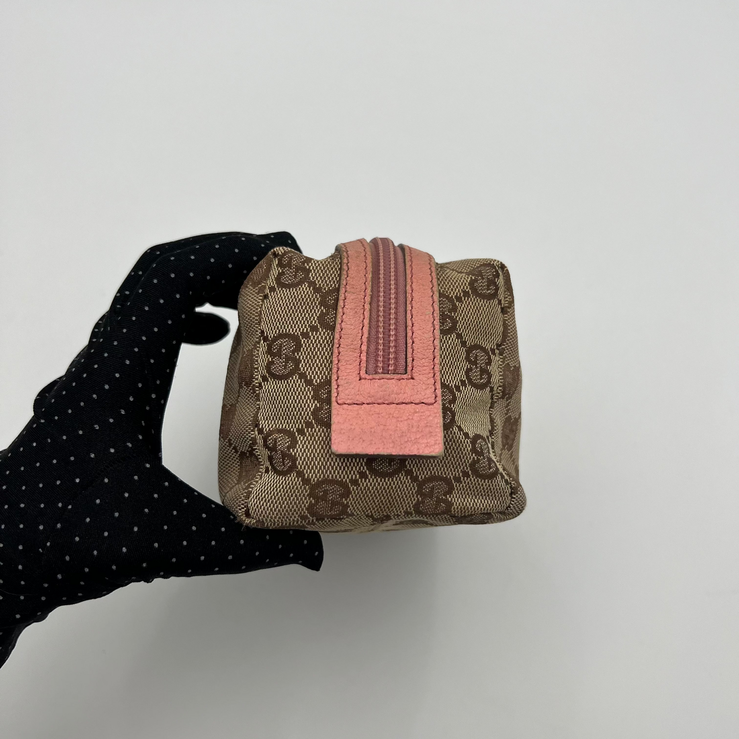 Gucci Brown Monogram Canvas Pink Leather Zip Pouch