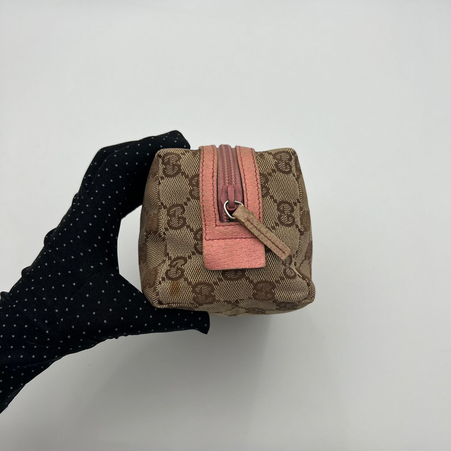 Gucci Brown Monogram Canvas Pink Leather Zip Pouch