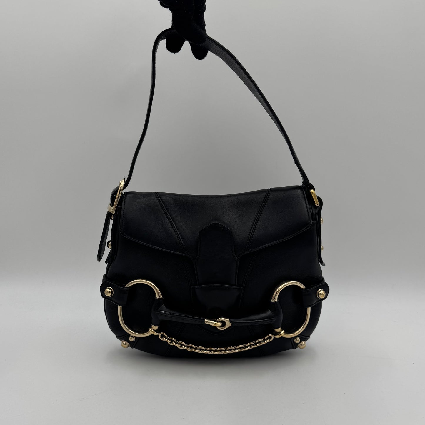 Gucci Tom Ford Black Leather Horsebit Chain Flap Small Shoulder Bag