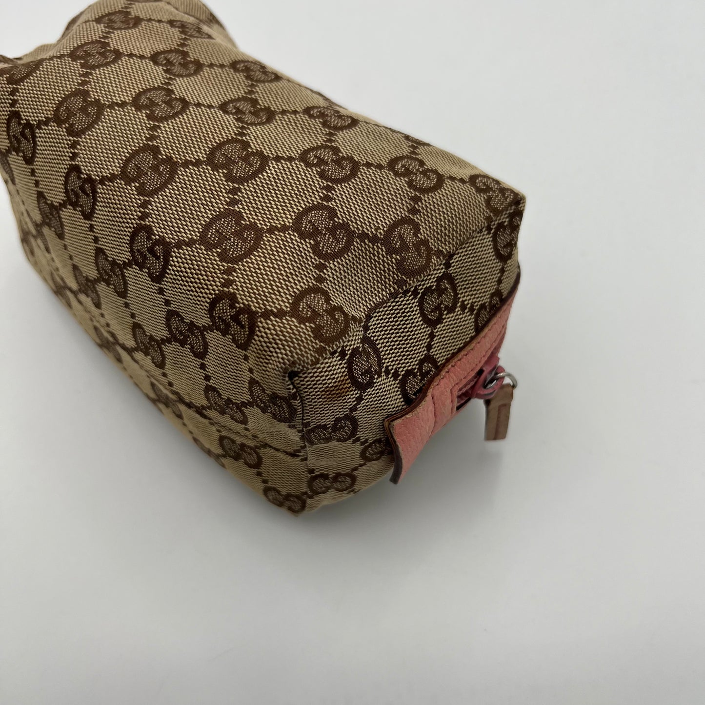 Gucci Brown Monogram Canvas Pink Leather Zip Pouch
