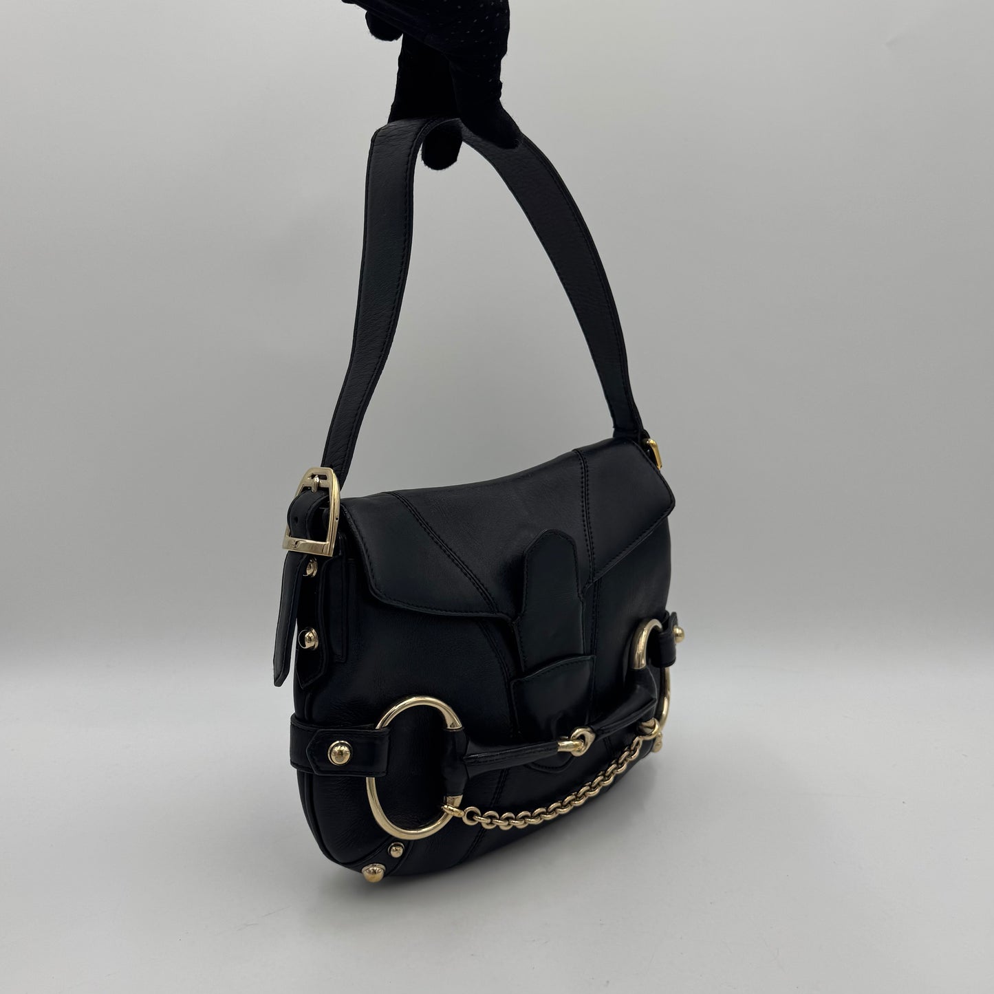 Gucci Tom Ford Black Leather Horsebit Chain Flap Small Shoulder Bag