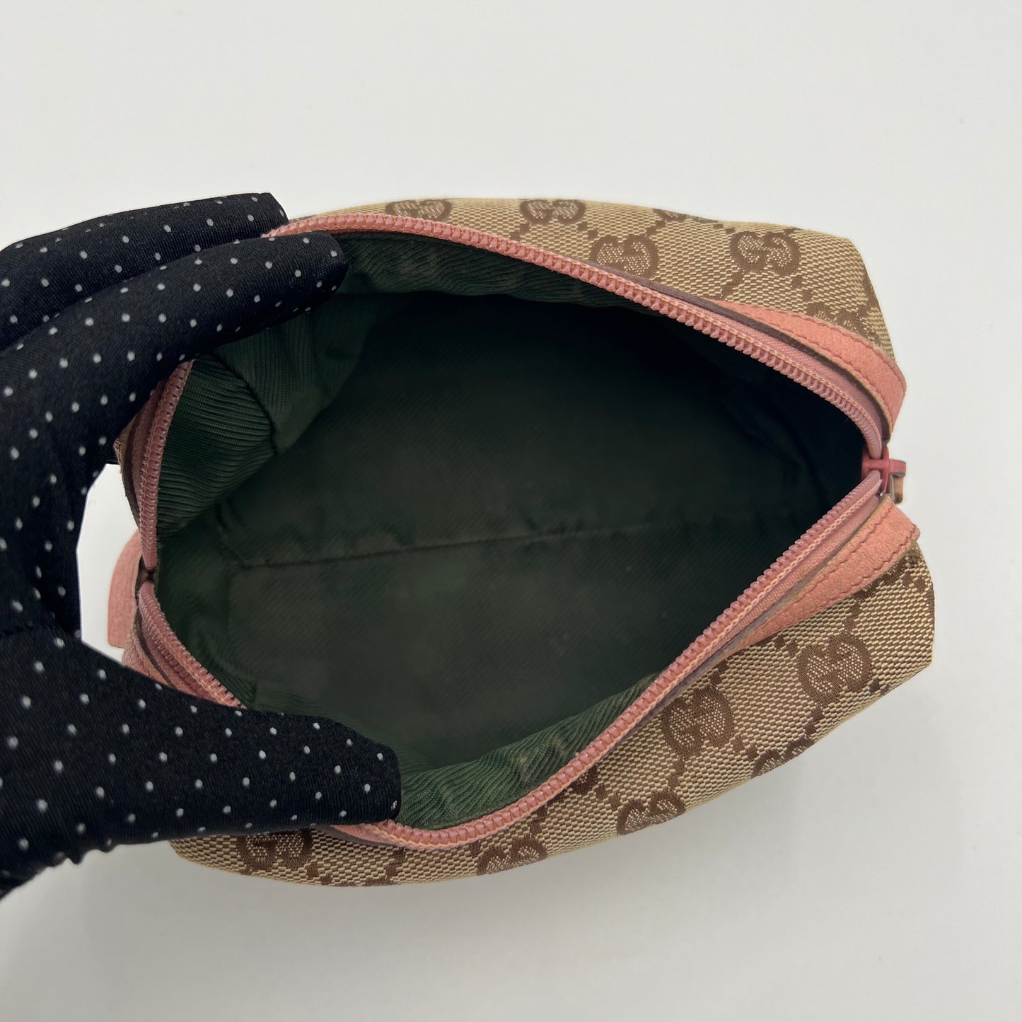 Gucci Brown Monogram Canvas Pink Leather Zip Pouch