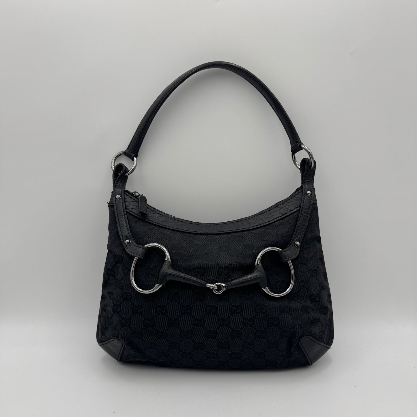 Gucci Black Monogram Canvas and Leather Horsebit Hobo Shoulder Bag