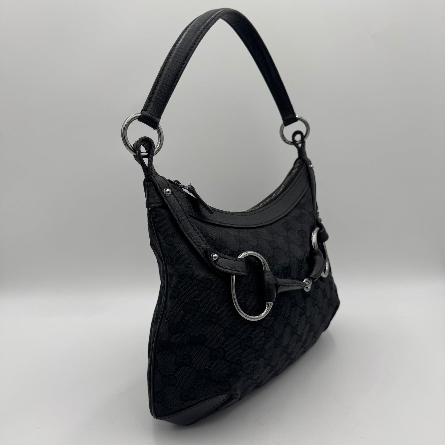 Gucci Black Monogram Canvas and Leather Horsebit Hobo Shoulder Bag