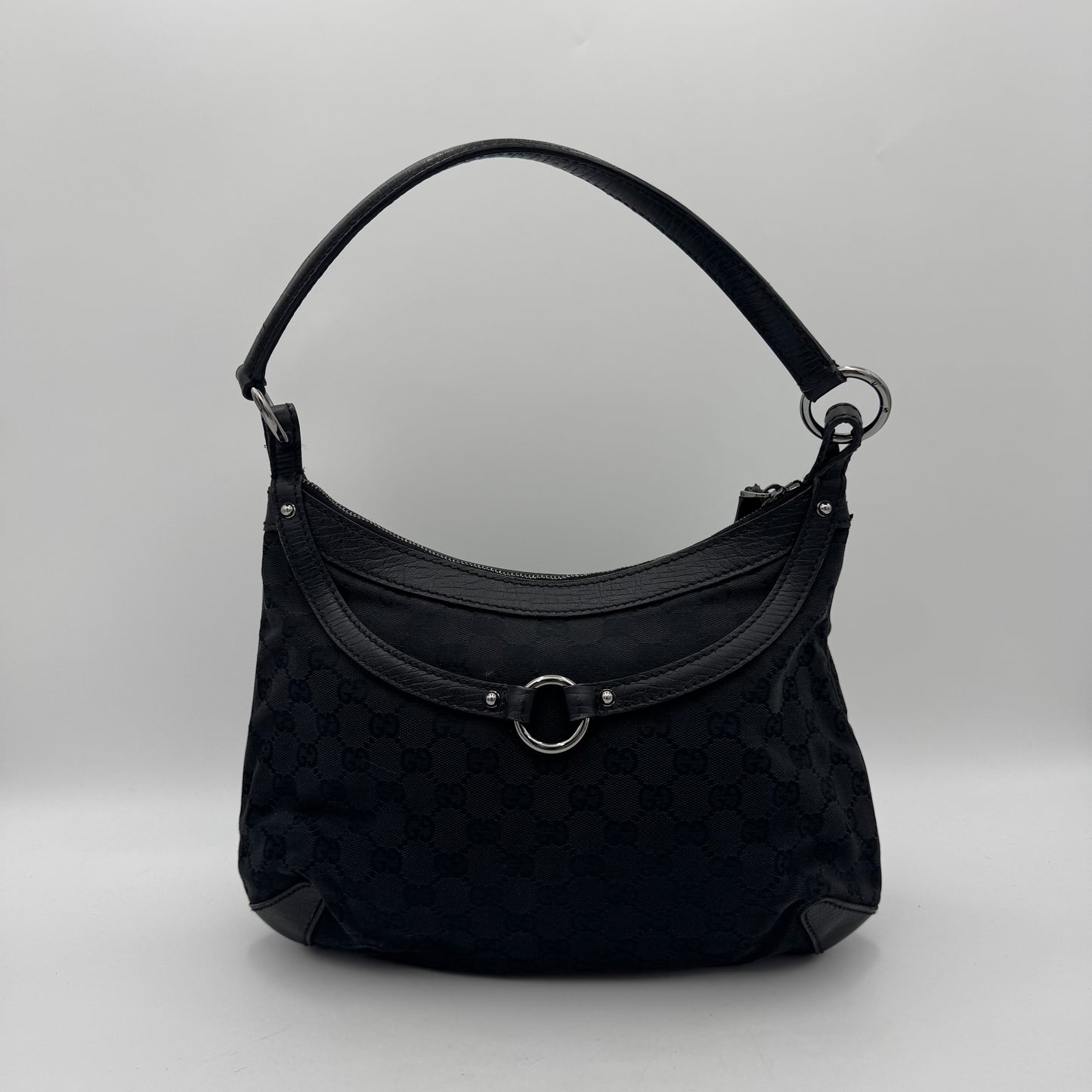 Gucci Black Monogram Canvas and Leather Horsebit Hobo Shoulder Bag