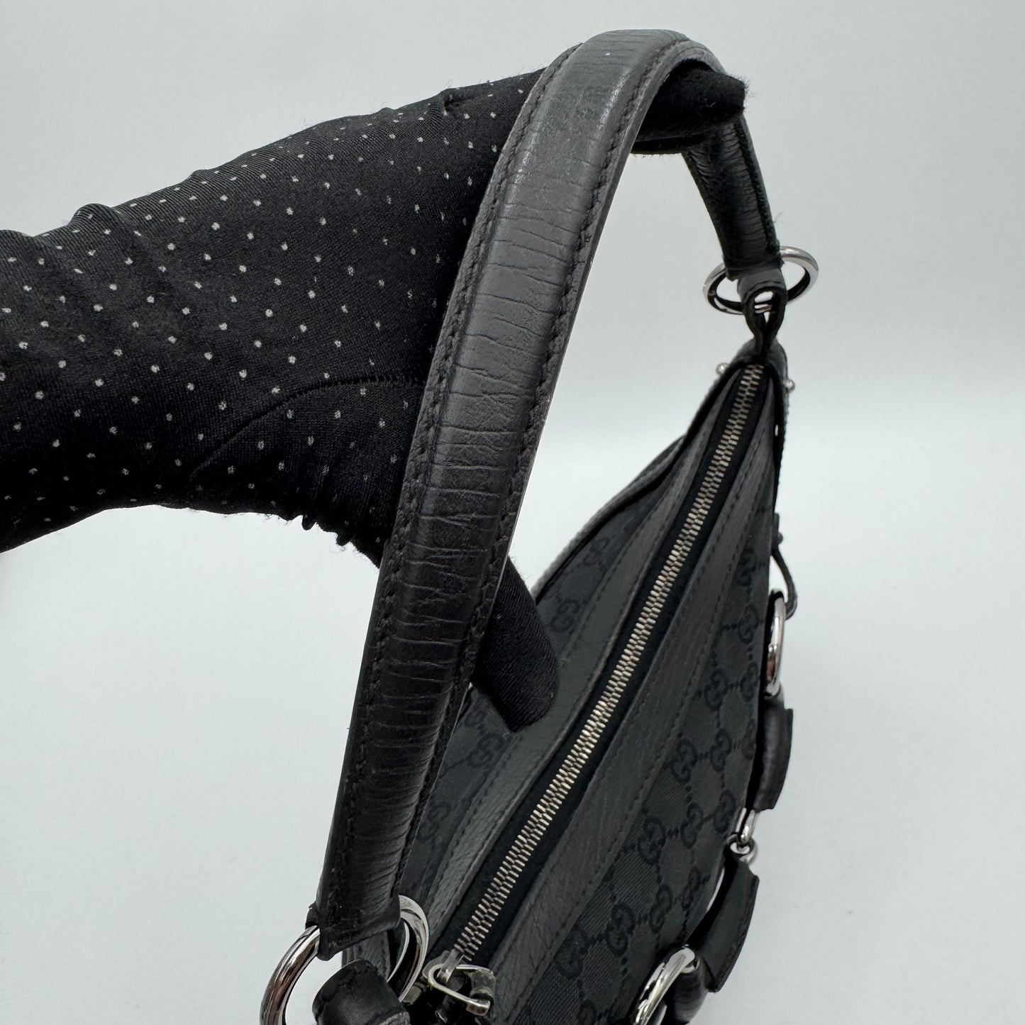 Gucci Black Monogram Canvas and Leather Horsebit Hobo Shoulder Bag