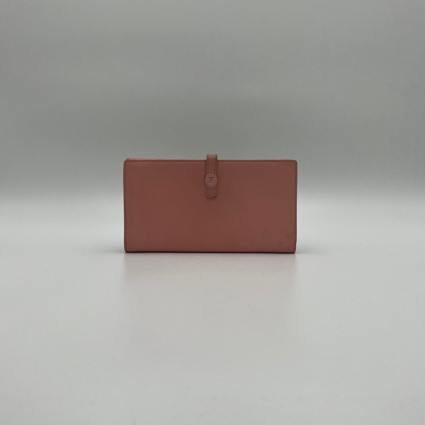Chanel Light Pink Leather Coco Button Long Wallet