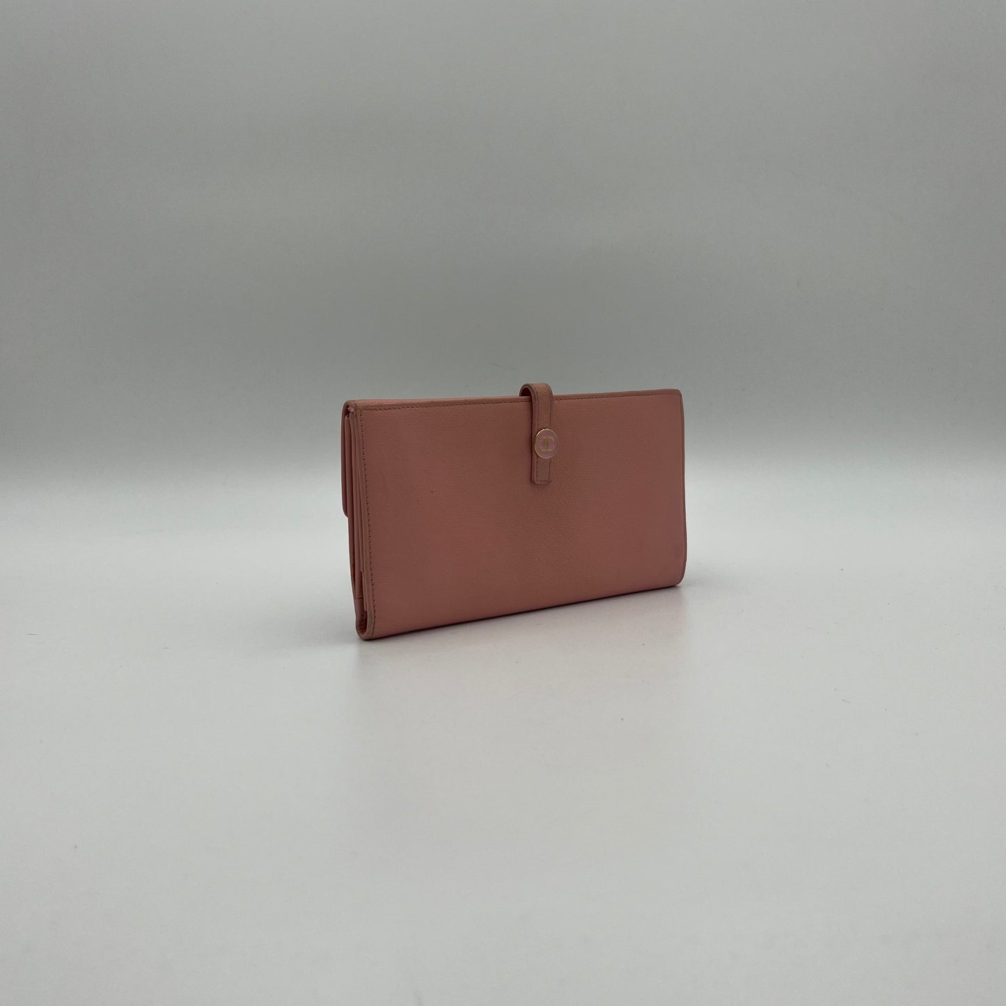 Chanel Light Pink Leather Coco Button Long Wallet