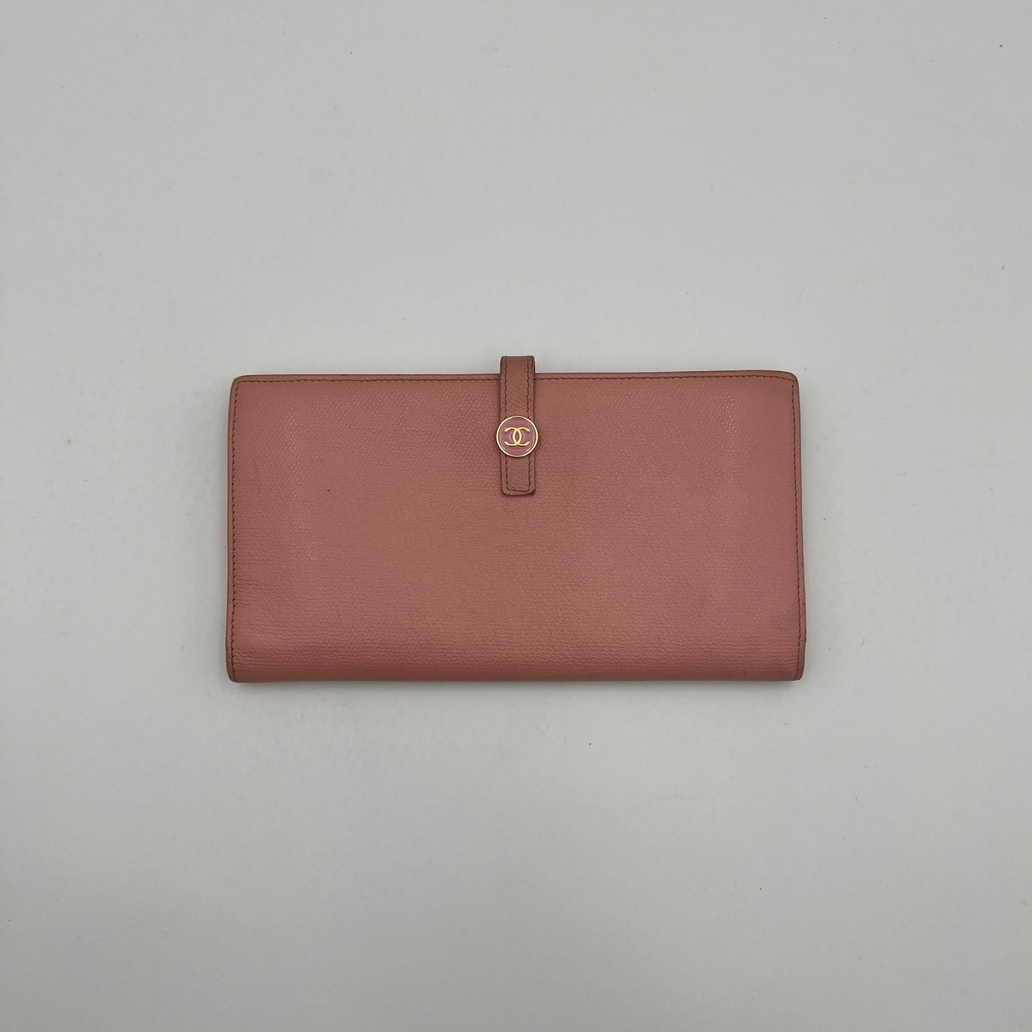 Chanel Light Pink Leather Coco Button Long Wallet
