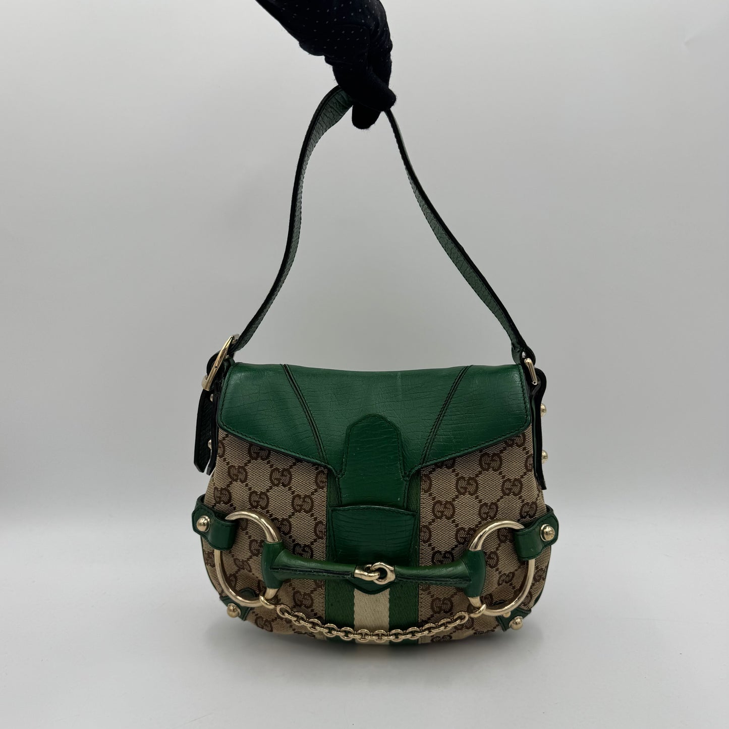 Gucci Tom Ford Monogram Canvas Green Leather Horsebit Chain Flap Small Shoulder Bag