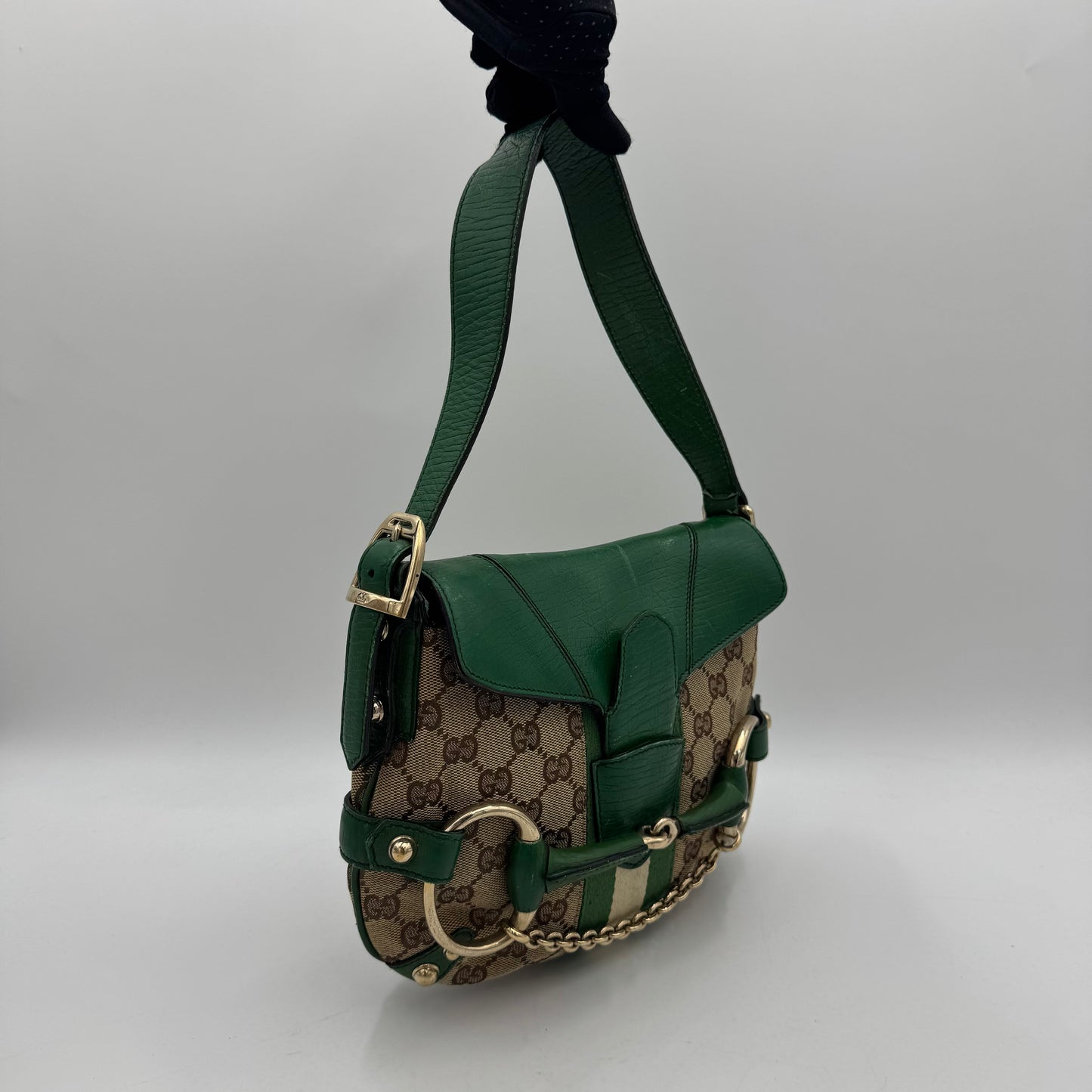 Gucci Tom Ford Monogram Canvas Green Leather Horsebit Chain Flap Small Shoulder Bag
