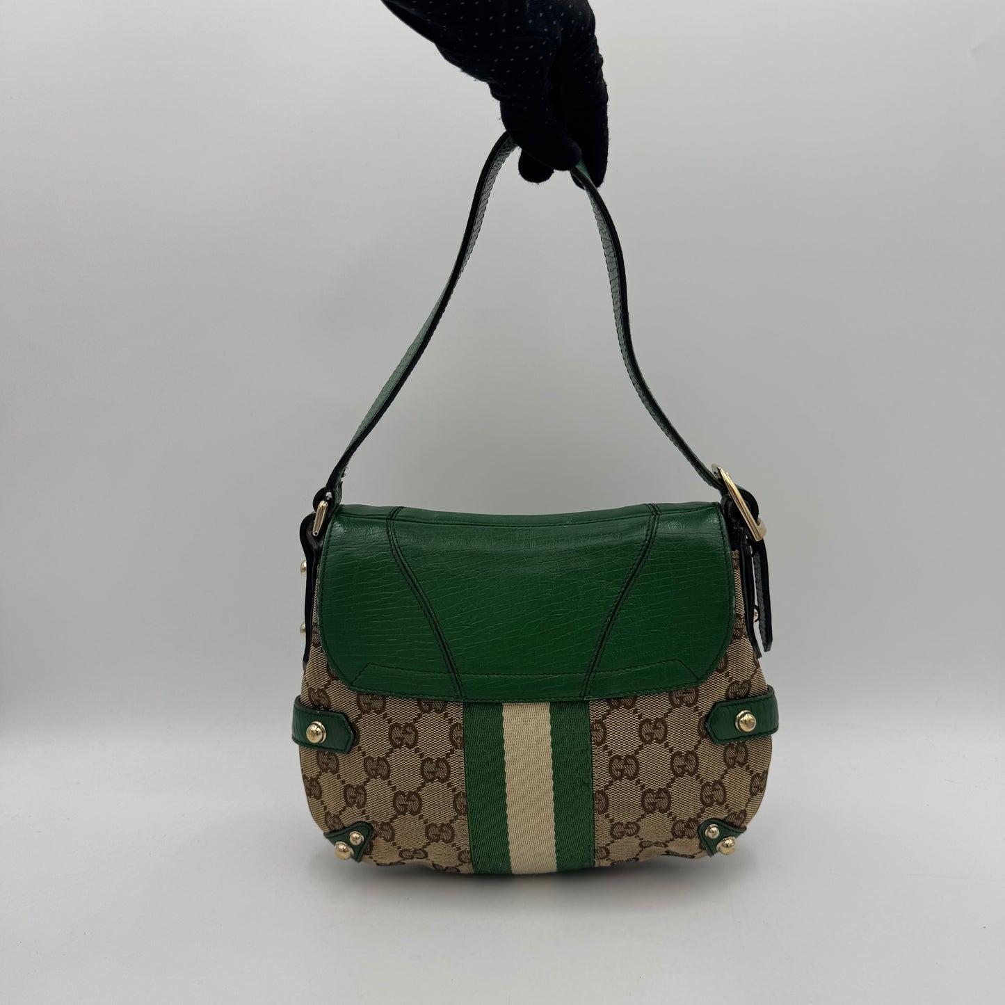 Gucci Tom Ford Monogram Canvas Green Leather Horsebit Chain Flap Small Shoulder Bag